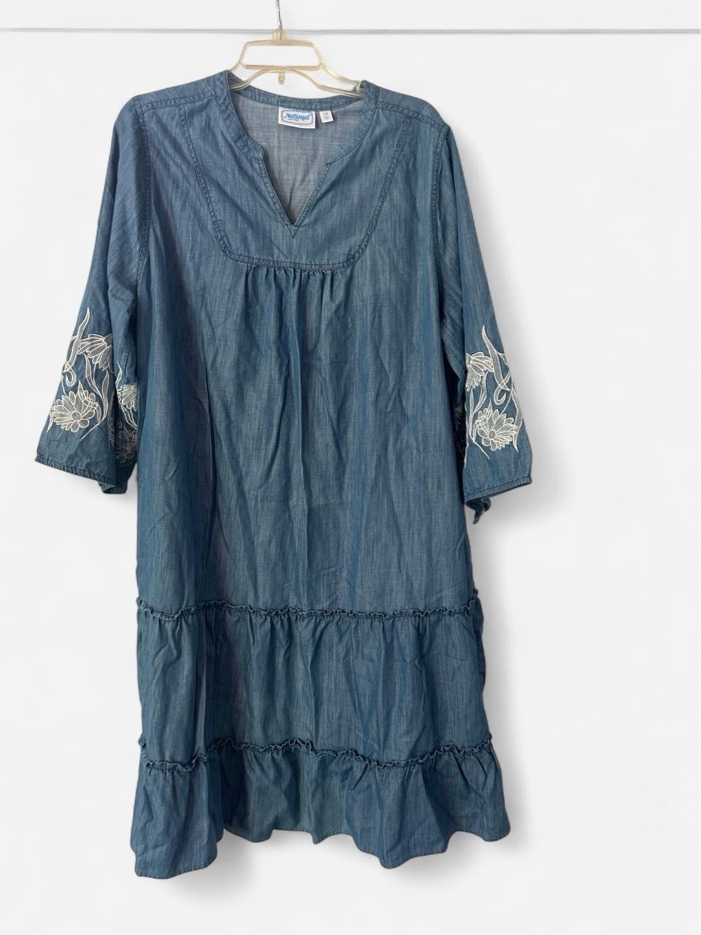 Denim-Blue Embroidered Tiered Tunic Dress